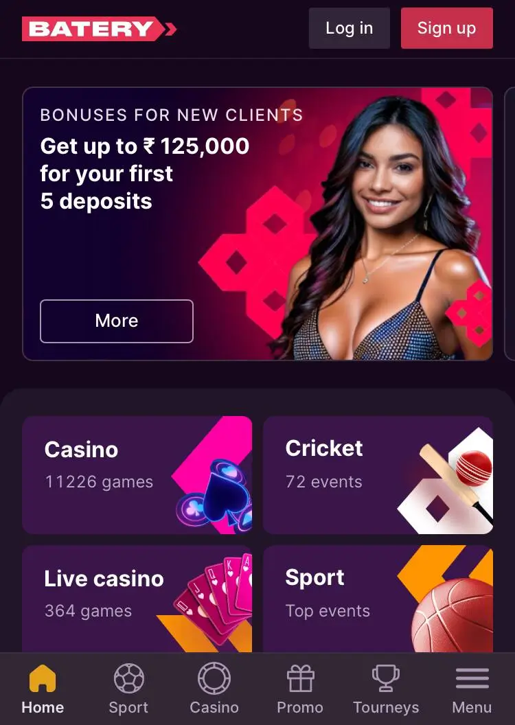 Discover the simple and user-friendly interface of the Baterybet app. With sections for cricket, sports, live events, casino games, promotions, and more.