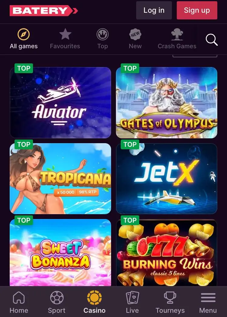 Discover a wide range of thrilling gambling games in the Batery Casino app, including popular slots like Book of Dead, European Roulette, and Aviator.