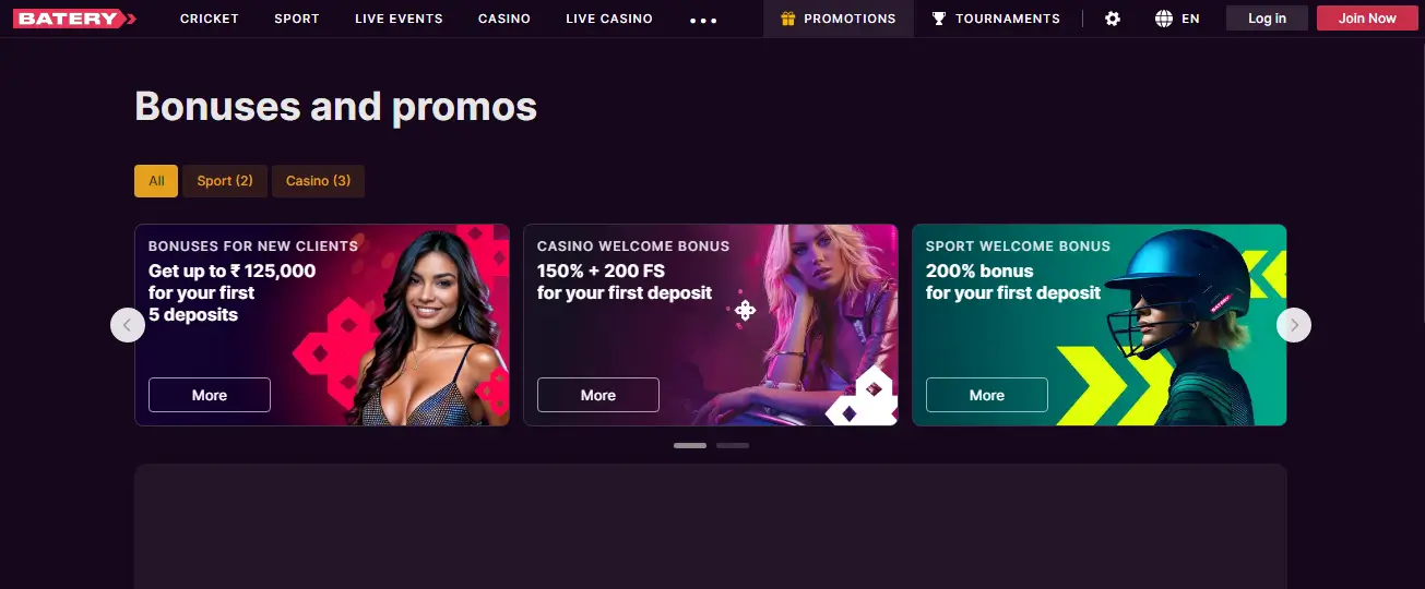 Join Baterybet and claim your welcome bonus! Choose between a sports betting bonus or a casino package with bonus funds and free spins.