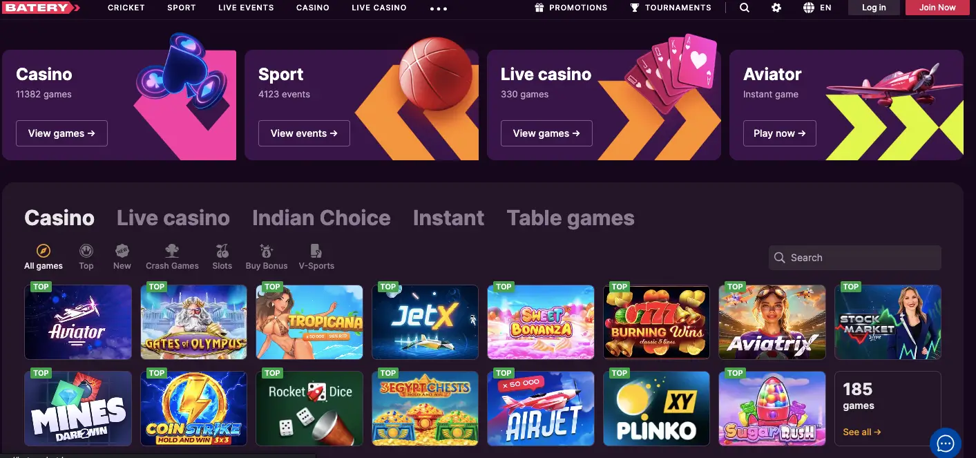 Explore an extensive Baterybet online casino platform with 8 000+ games