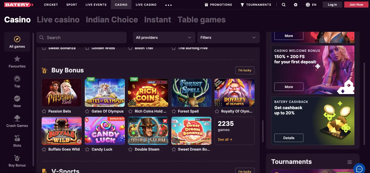 Explore an extensive selection of casino games at Baterybet